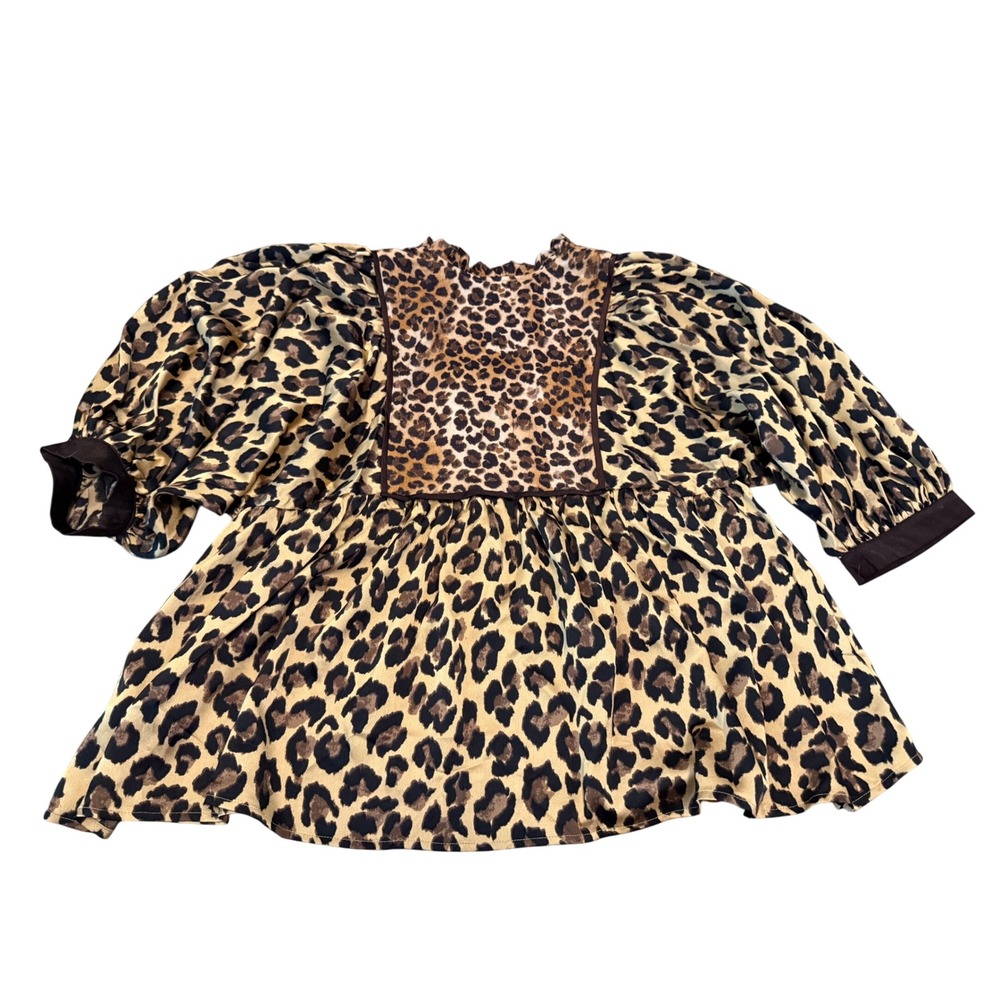 GIGIO USA Leopard Print Babydoll Top Puff Sleeve Mixed Animal Blouse Brown L - Picture 6 of 6
